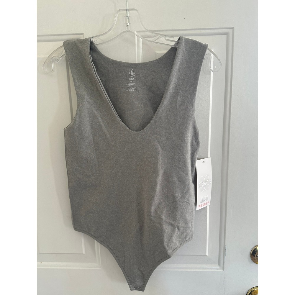 Aura Womens V-Neck Sleeveless Bodysuit Gray Double Layer SBS1686-DL L/XL NWT